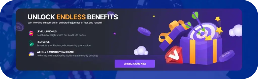 🎁 स्वागत बोनस BC.Game पर जब आप अपने अकाउंट में लॉगिन करते हैं